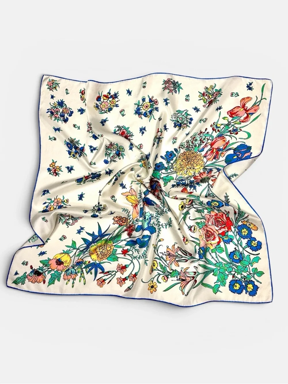 Vintage Square Silk Scarf Ivory with Floral Print Hand Rolled 28x28